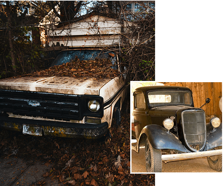 A truck that is in the dirt and some leaves